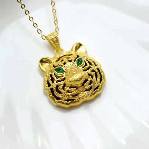 18K Solid Gold Agate Inlay Pendant Tiger Head Zodiac Charm Jewelry - Picture 4 of 9