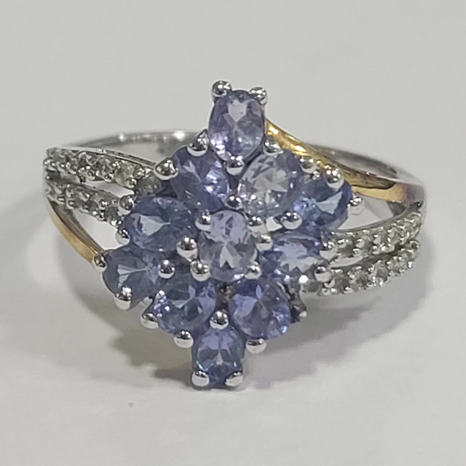 Joias usadas anel aglomerado HSN dois tons roxo esterlina tanzanita e CZ - Imagem 4 de 4