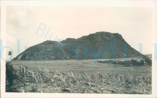 1940s Antigua Mrs CT Smith photo, St Kitts Volcanic outcrop over sugarcane field