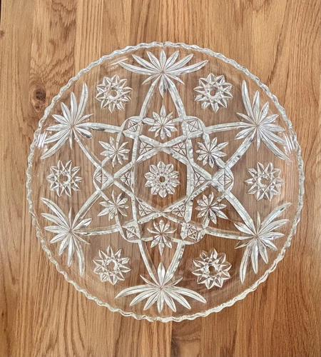 Anchor Hocking Star Of David Round Tray Platter 13.5" Vintage Clear Glass EAPC