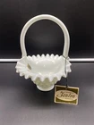 Vintage 8" Fenton Milk Glass Hobnail Basket with Smooth Handle Label Hang Tag