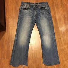 Buffalo David Bitton Mens Blue Jeans sz 34X28 Boot Cut Ripped Rough Cuffs Denim
