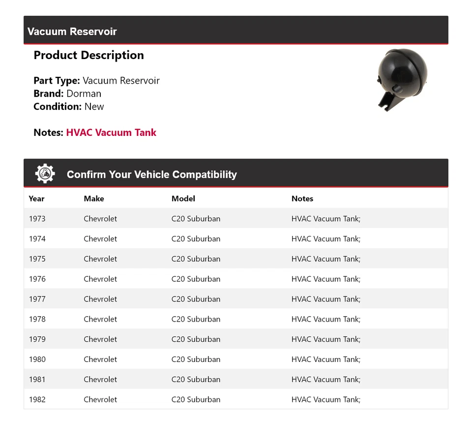 For 1973-1982 Chevrolet C20 Suburban Dorman Vacuum Reservoir 1974 1975 1976 1977 - Image 2 of 4