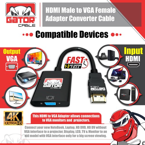 HDMI to VGA Adapter Converter Cable For HDTV PC Desktop Monitor Video 1080P 60Hz - Picture 3 of 13
