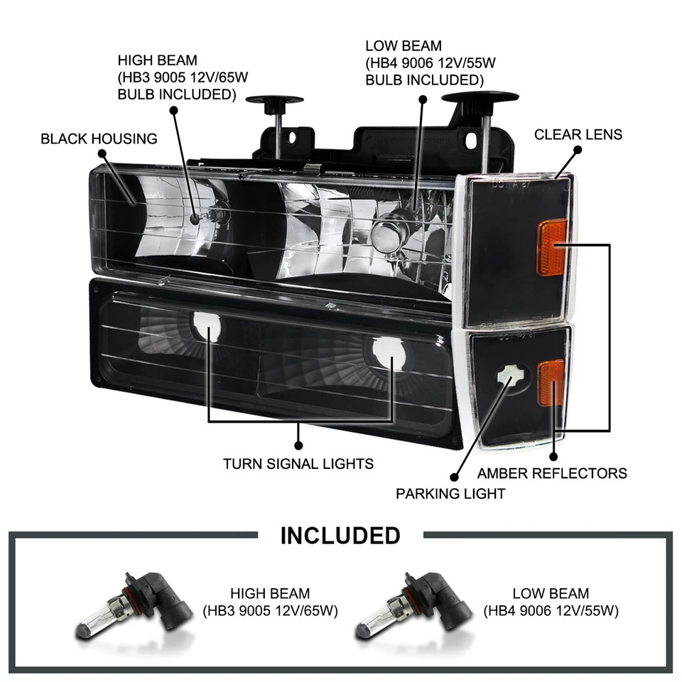 Fits 1988-1993 Chevy C10 C/K GMC Black Headlights+Signal Lamps+Bumper Lamps - Image 3 of 4
