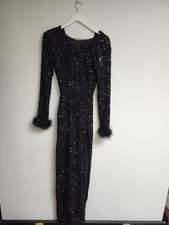 Fashion Nova Black Sequin Feather Cuff Maxi Gown Long Sleeve Slit Dress Size XS