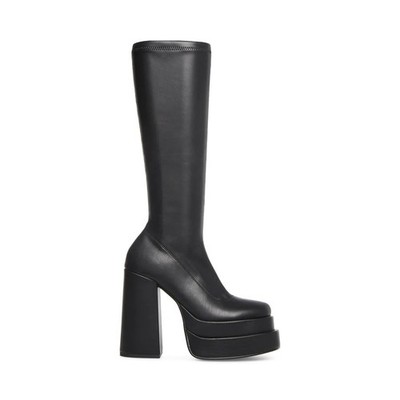 aSTEVE MADDEN - CYPRESS, Black stretch leather 5.25'' heel platform boots, SZ 11