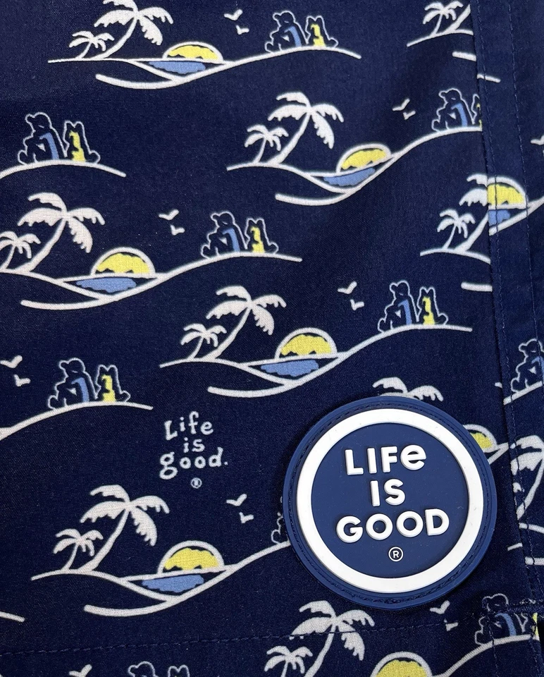 Life is Good Swim Trunks Men’s Large Navy Palm Tree Print Lined Board Shorts Foto 3 de 4