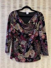 MSK Women's Black Cowl Neck Purple Burgundy and Gold 3/4 Sleeves Blouse Size XXL