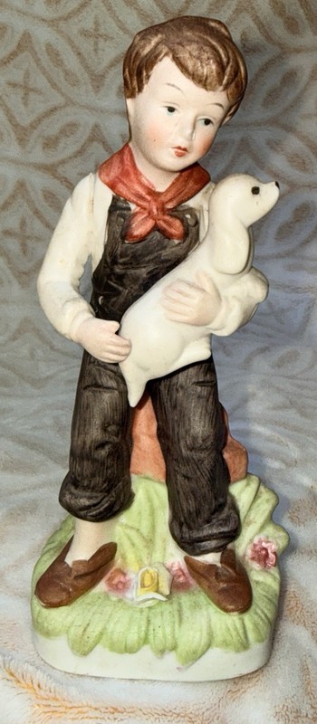 **VINTAGE** Norleans 6" Farm Boy w/ White Puppy Dog Porcelain Figurine Sculpture