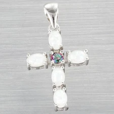 Latin Cross Mystic Topaz White Fire Opal Silver Jewelry Necklace Pendant