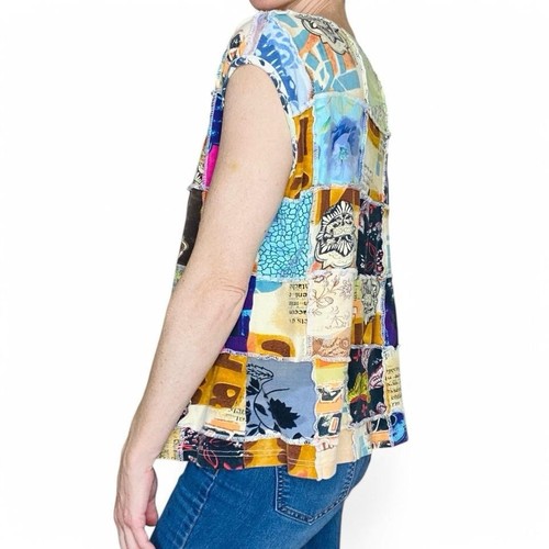 Retro Hippie Patchwork Floral Butterfly Printed Colorful Sleeveless Shirt - Picture 5 of 8