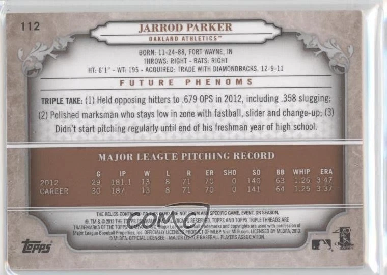 2013 Topps Triple Threads Future Phenoms Sepia /75 Jarrod Parker #112 Auto - Image 2 of 2