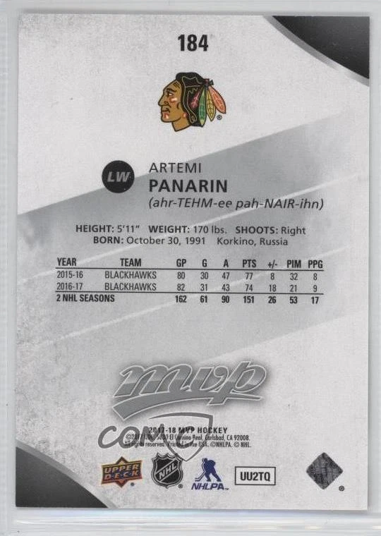 2017-18 Upper Deck MVP Super Script /25 Artemi Panarin #184 - Image 2 of 2