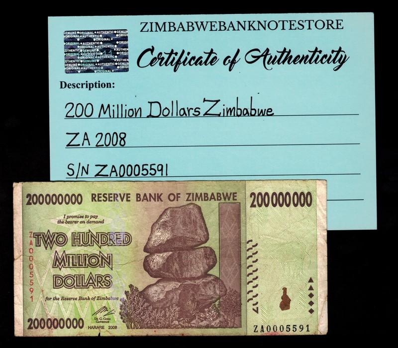 Zimbabwe 200 Million Dollars Replacement Banknote 2008 COA Authentic ZA0005591