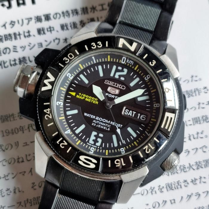 RARE Seiko 5 Sport Atlas Map Meter Automatic 7S36-02K0 Black