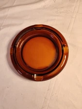 Vintage MCM Amber Brown Glass Ashtray Round 8” Table Cigar 4 Slot Pipe Cigarette