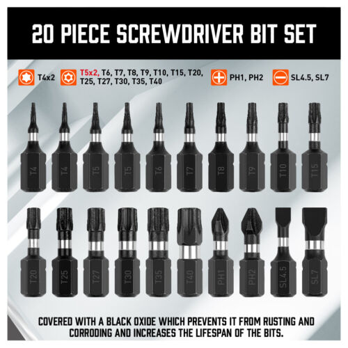 20pc Security Torx Bit Set TamperProof Star Impact Grade S2 T4-T40 PH1,2 SL4.5,7 - Picture 3 of 8
