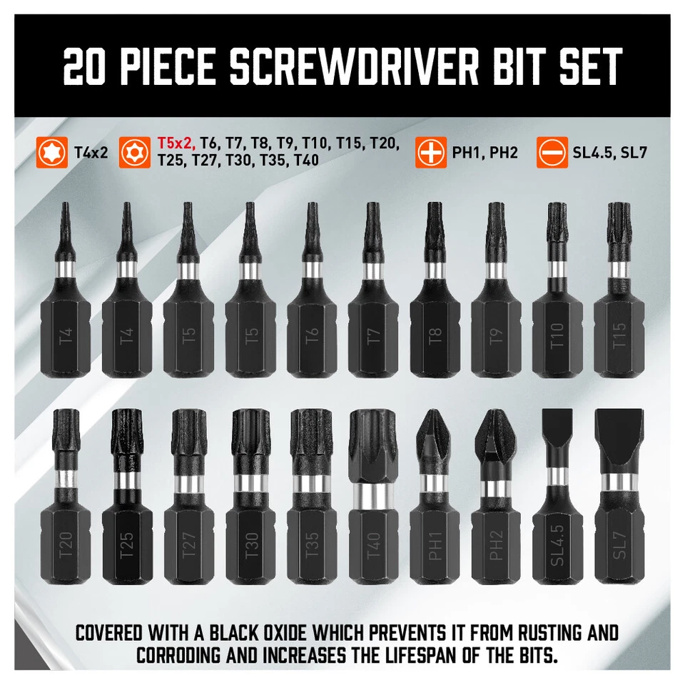 20pc Security Torx Bit Set TamperProof Star Impact Grade S2 T4-T40 PH1,2 SL4.5,7 - Image 3 of 4