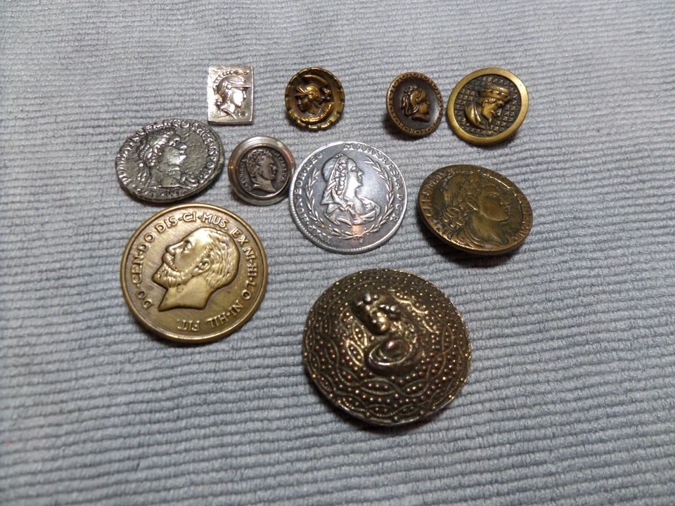 Lot of 10 Vintage Antique Metal Picture Buttons CAMEOS HEADS MEN KINGS ALEXANDER - Image 3 of 4