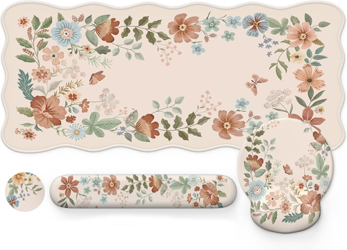 Floral Mouse Pad Sets with Wrist Support,Cute Ergonomic Keyboard Mat for Desktop