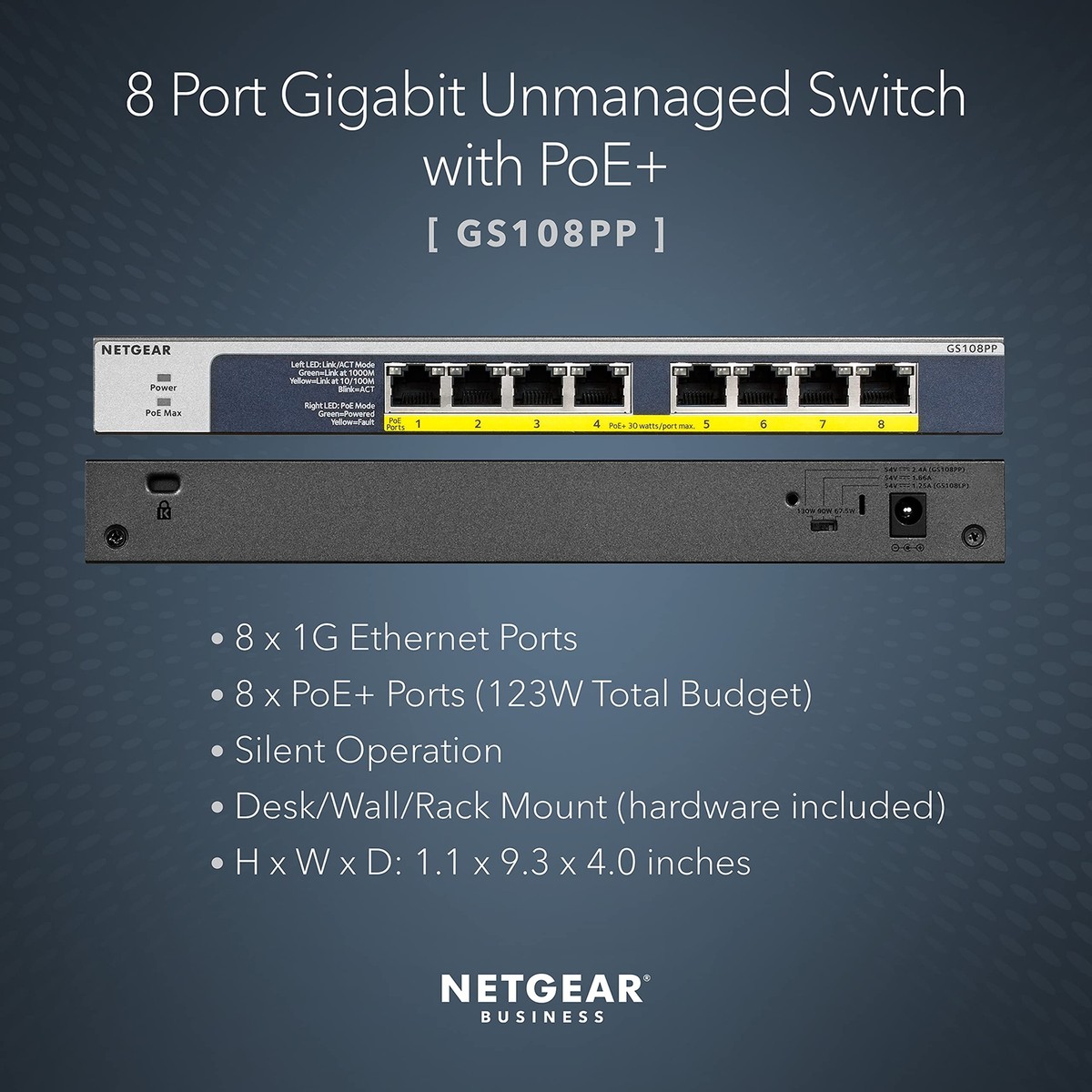 NETGEAR GS108PP Unmanaged PoE Switch 8 Port Gigabit Ethernet
