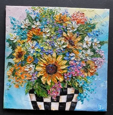 ORIGINAL OIL impasto Painting " FLOWERS in CHECKED VASE"   8"x8" by Olga Diduh.
