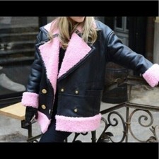 Size: M ❤️kenzo X H&m Women Pink Shearling & Black Leather Biker Moto Jacket