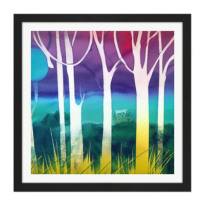 Jungle Forest Bright Tree Watercolour Square Framed Wall Art Picture Print