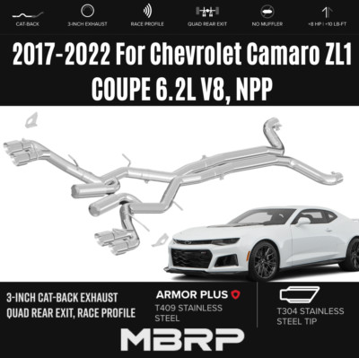 MBRP 3'' Cat-Back SS Exhaust Quad Exit w/ SS Tip For 17-22 Chevrolet Camaro ZL1