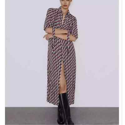 ZARA Sussy Midi Shirt Dress Size S Womens Red Blue Geometric Tie Neck 3/4 Sleeve