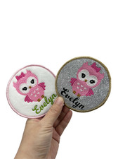 Custom Glittered and Felted Iron-on Baby Pink Owl Name Tag Patch