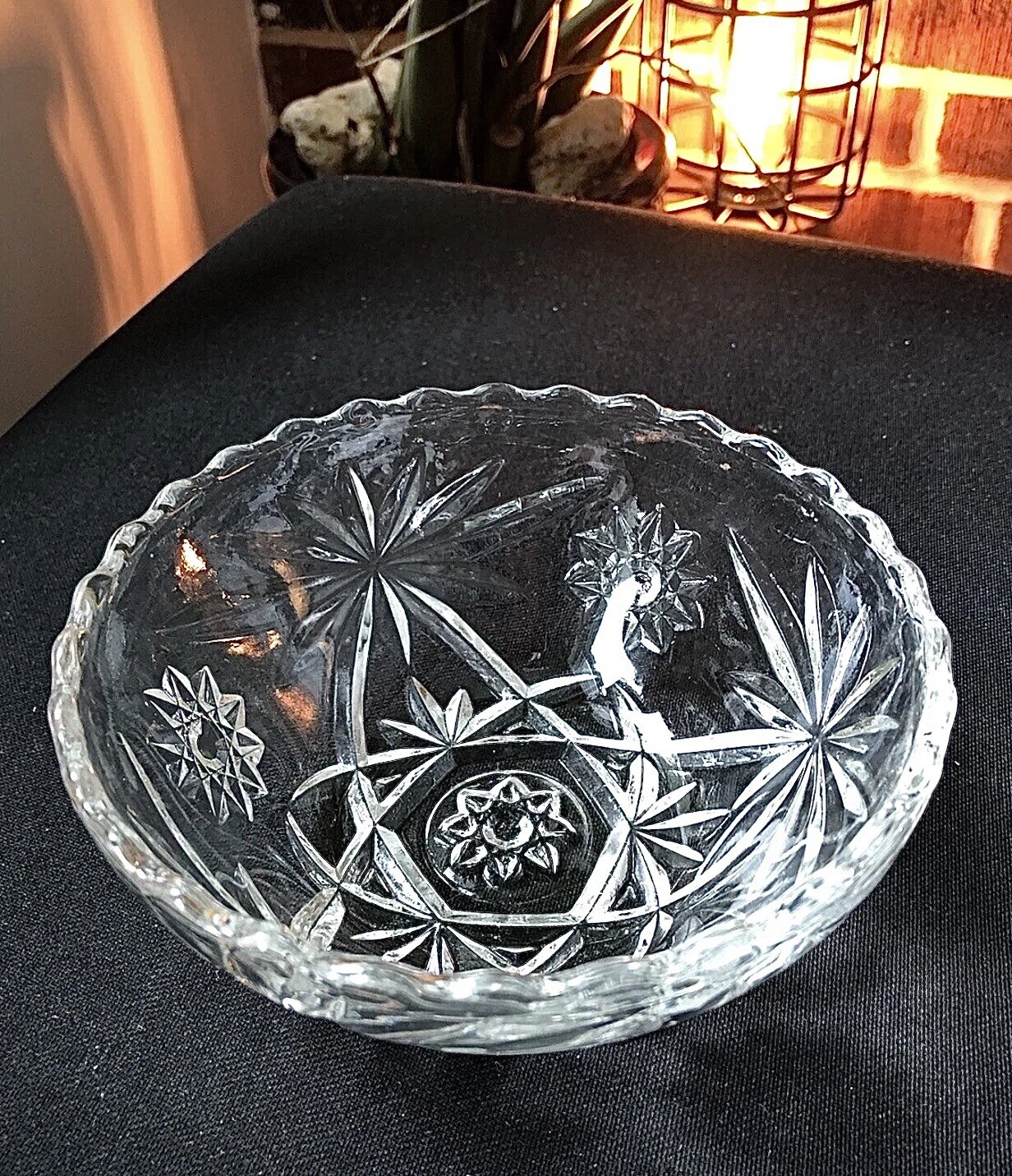 Vintage Early American Prescut Scalloped Glass Bowl   5.25”