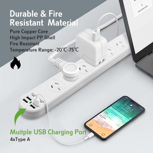 SAA Power Board Strip 6 Outlets w Master Switch White 10A 240V 1M, 4 USB-A 3.4A - Picture 6 of 8