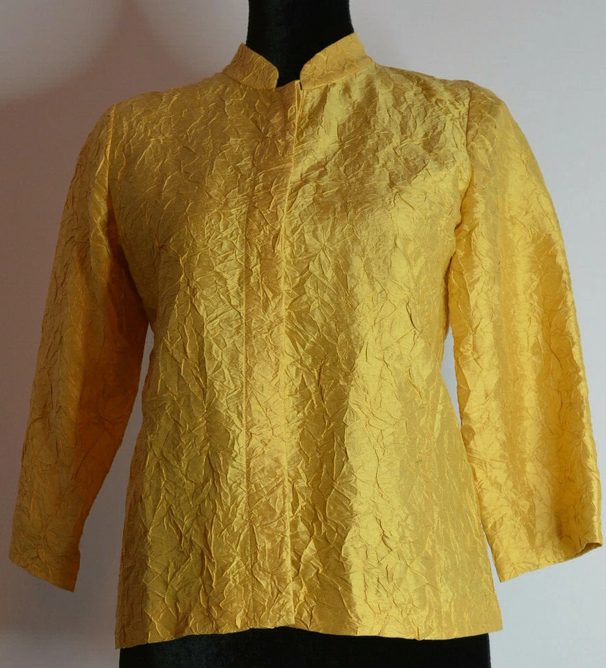 Blazer Eileen Fisher Petite Talla PP Seda Arrugada Texturizada Abotonada Túnica Amarillo Foto 2 de 4