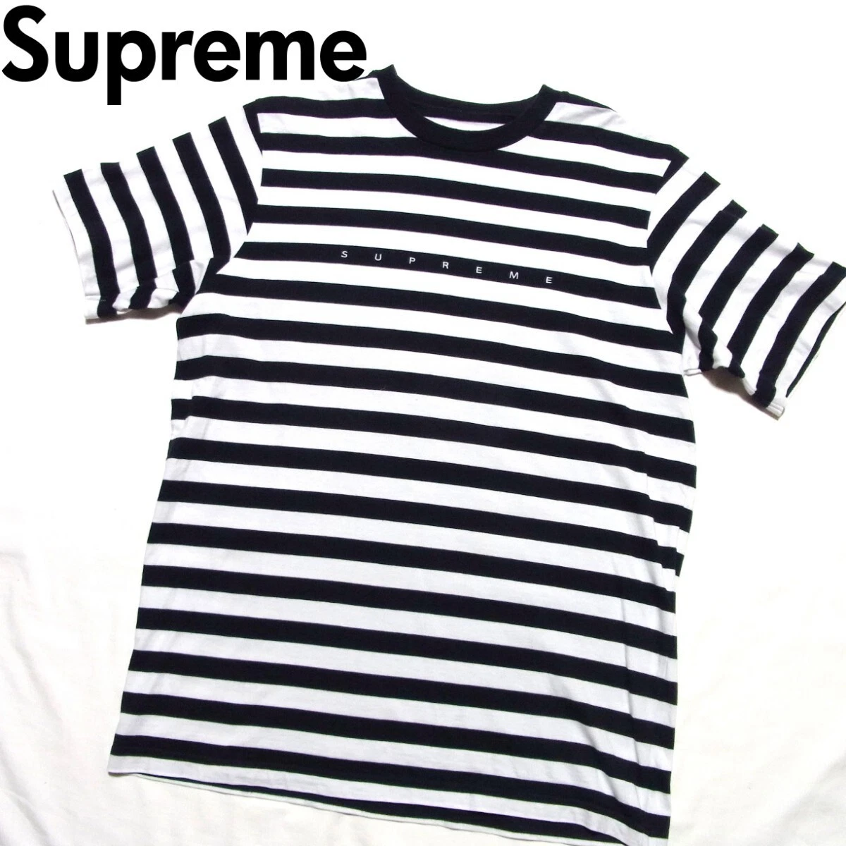 T shirt 18SS Supreme Bar Stripe M Supreme logo brodé bordure noir x