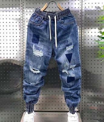 New Men's Fashion Denim Skinny Jeans Drawstring Harem Pants