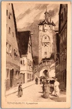 Antique Postcard Klingenthor Gateway Street Scene Rothenburg, Germany 1910s
