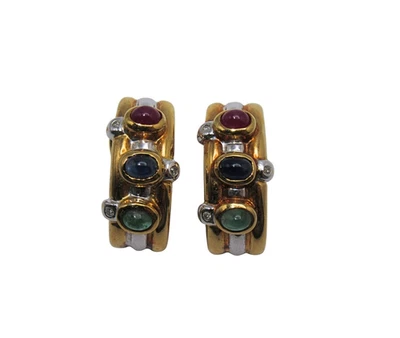 18K White & Yellow Gold Ruby Sapphire Emerald Diamond Vintage Hoop Earrings - Image 1 of 4