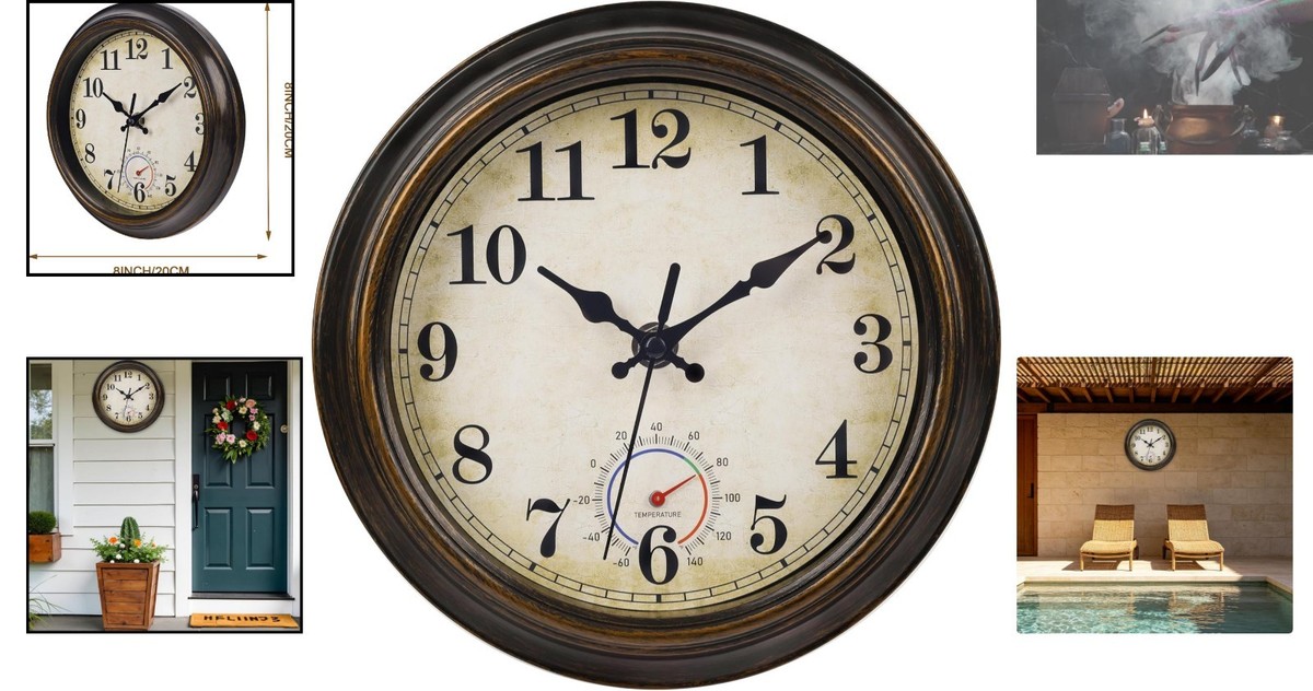 Elegant 8-Inch Vintage Outdoor Wall Clock with Thermometer