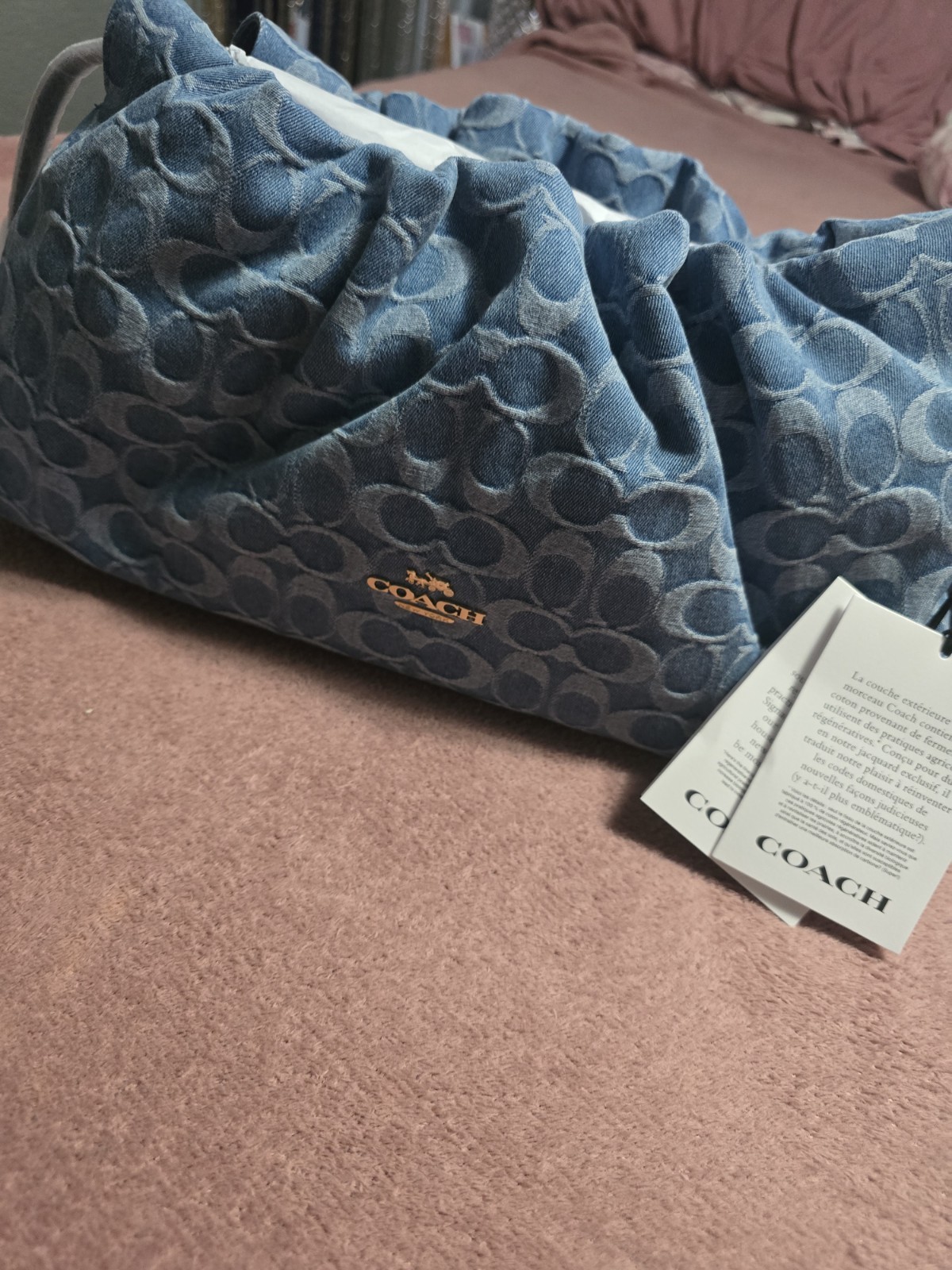 Coach Blue Denim Logo Shoulder Bag for Women with Brand Card and Gold Hardware