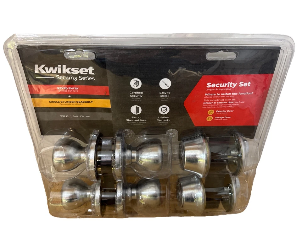 Juego de seguridad Kwikset Tylo 2 perillas de entrada 2 cerrojos cromo satinado 92420-036 ¡Nuevo! Foto 2 de 4