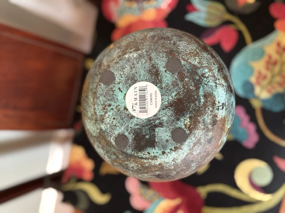 NWT Rustic Metal Vase, Pear-Shaped, Patina, 47th & Main 11 in Tall - Image 4 of 4