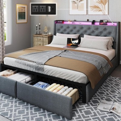 Queen Size Bed Frame with Drawers & Charging Station & Headboard ＆ LED Lights