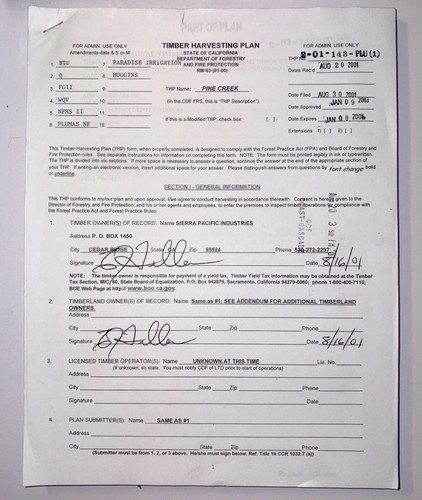 Cal Fire Timber Harvesting Plan Sierra Pacific  Industries “Pine Creek” 2003