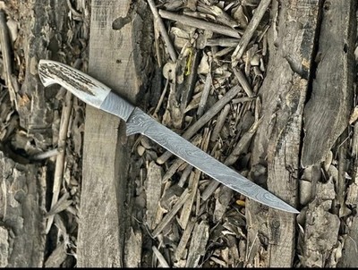 Handmade Damascus Steel Fillet Knife Stag Antler Handle w/ Guard Custom