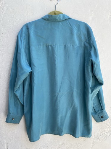 2567 Nordstrom Sz 10 100% Raw Silk Long Sleeve Button Up Top Blouse Blue - Picture 5 of 12