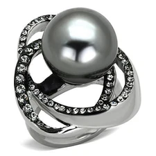 Women's Ring, Gray Pearl, Stainless Steel, Sparkling Ring, Statement Jewelry