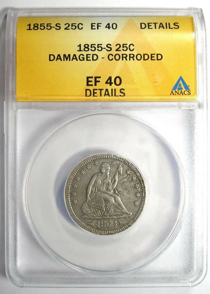 1855-S Arrows Seated Liberty Quarter 25C - ANACS XF40 Detail (EF40) - Rare Date! - Image 2 of 4