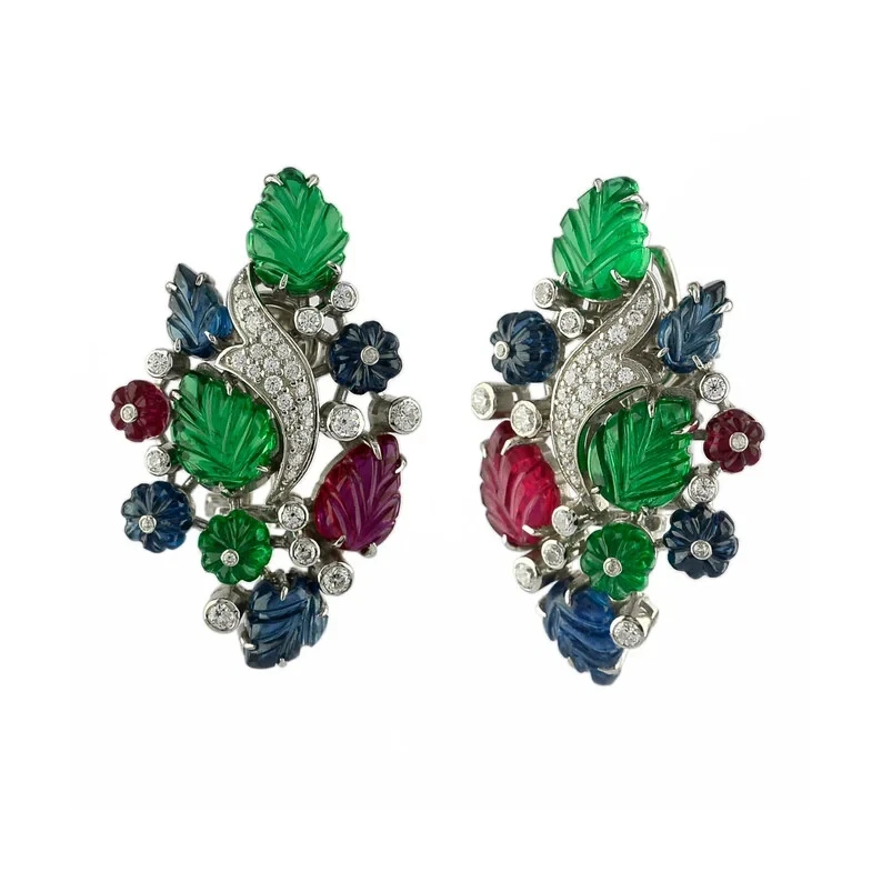 29,60 TCW Zafiro Simulado y Cabujón Elegante Art Deco Tutti Frutti Pendientes Foto 3 de 4